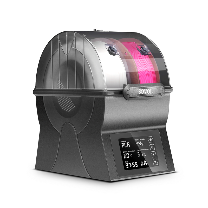 Sovol SH02 filament dryer holding white and pink spools beneath a clear curved lid.